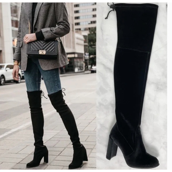 Stuart Weitzman Hiline Velvet Over the Knee Boots 8.5 NWOT Block Heel Black Sexy - Picture 1 of 7